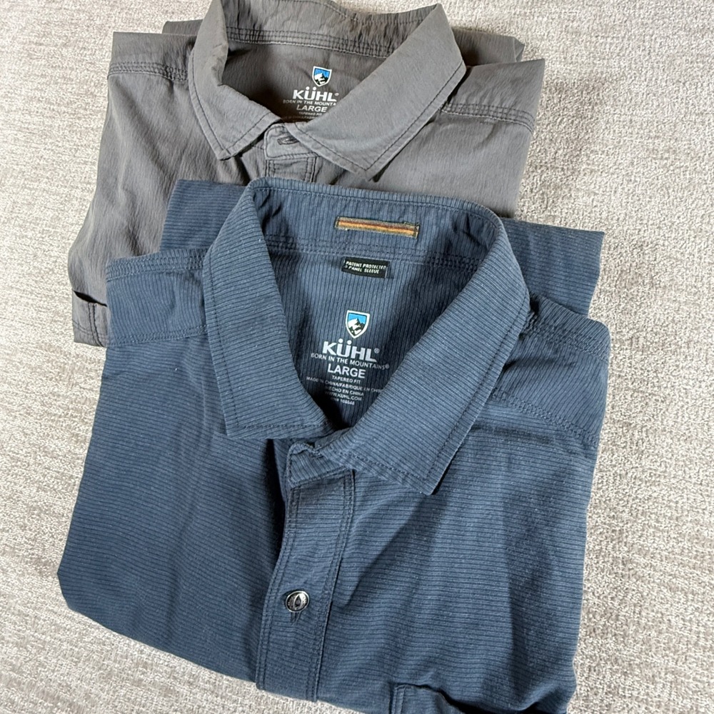 2 PACK! Kuhl Button Down Shirts Mens L Gray Blue Stretch Response Lowdown